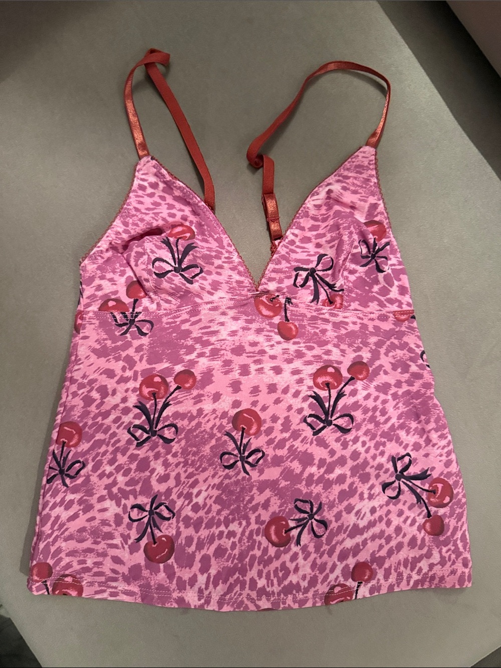 Betsey Johnson Pink Cherry Print Satin Slip Cami